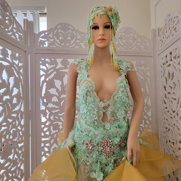 "LADY STEPHANIE" 2 Piece Mint Green & Gold Gatsby Inspired Wedding Gown Set - Picture 10 of 12